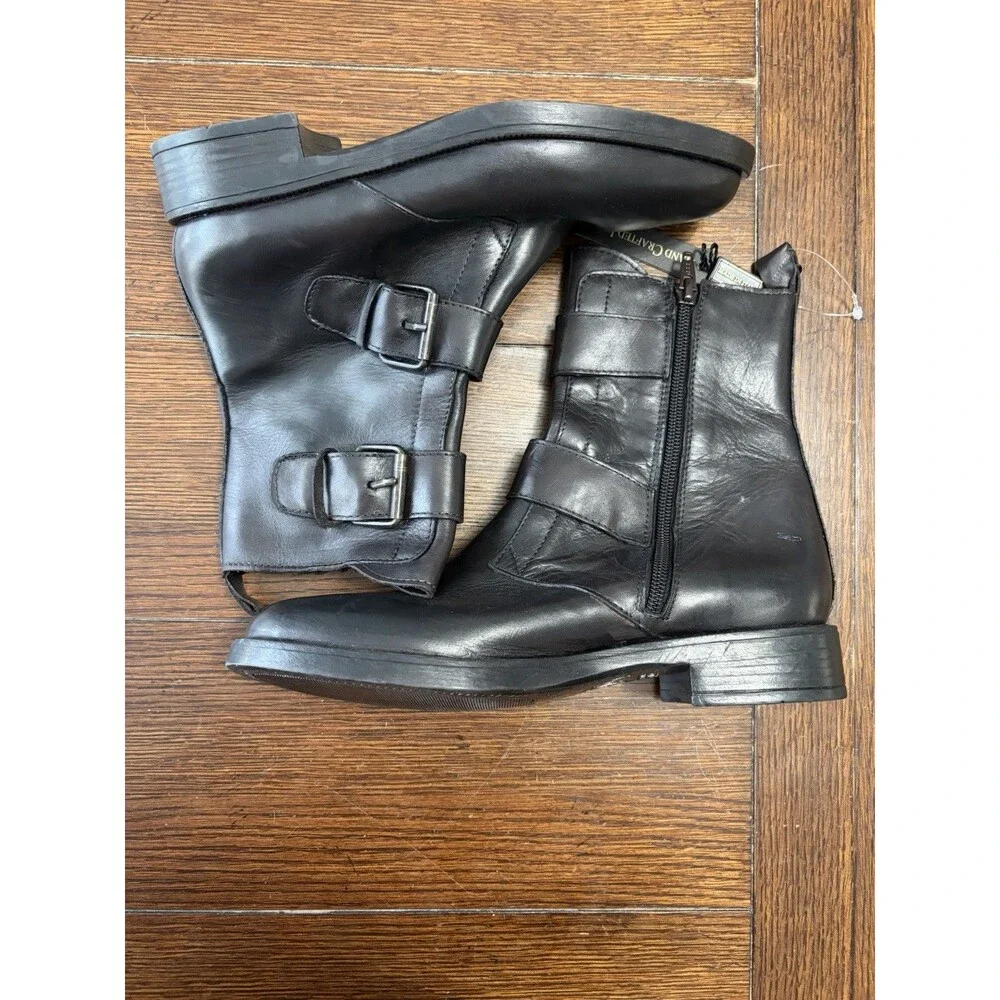 Emanuele Crasto Double Buckle Moto Boots Black ITALY Leather Women 7.5 /38 NEW
